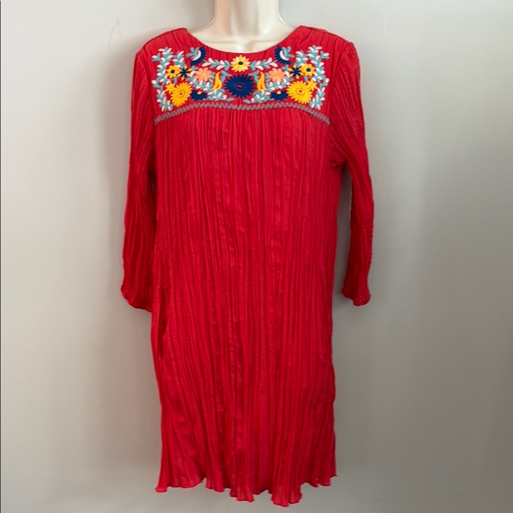 Red Embroidered Floral Boho Peasant Mini Dress Tunic - 3/4 sleeve Medium Pockets